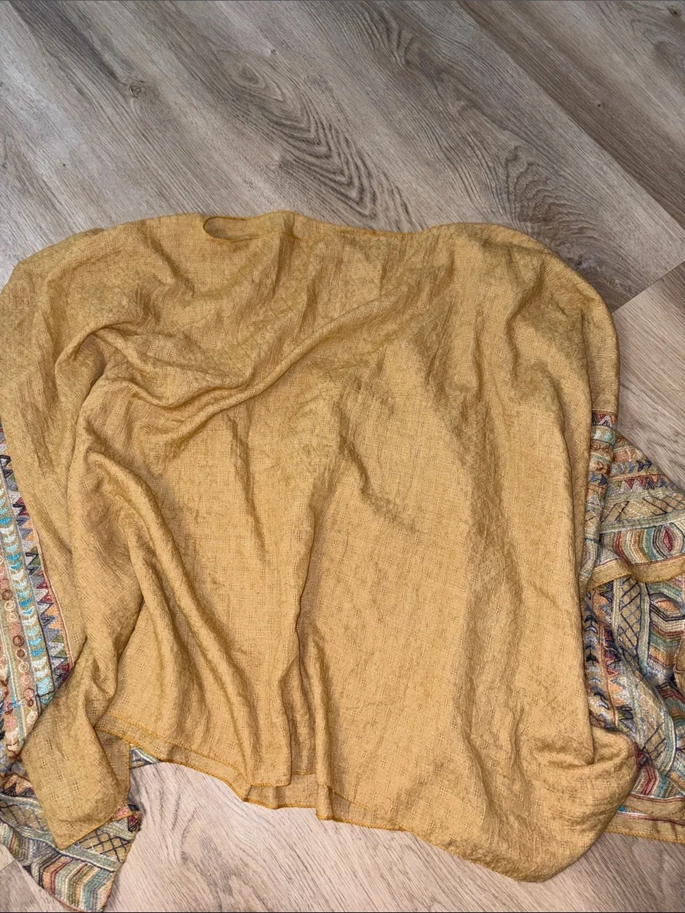 Miou Muse Boho Embroidered Mustard Yellow Poncho Shawl one size beach coverup